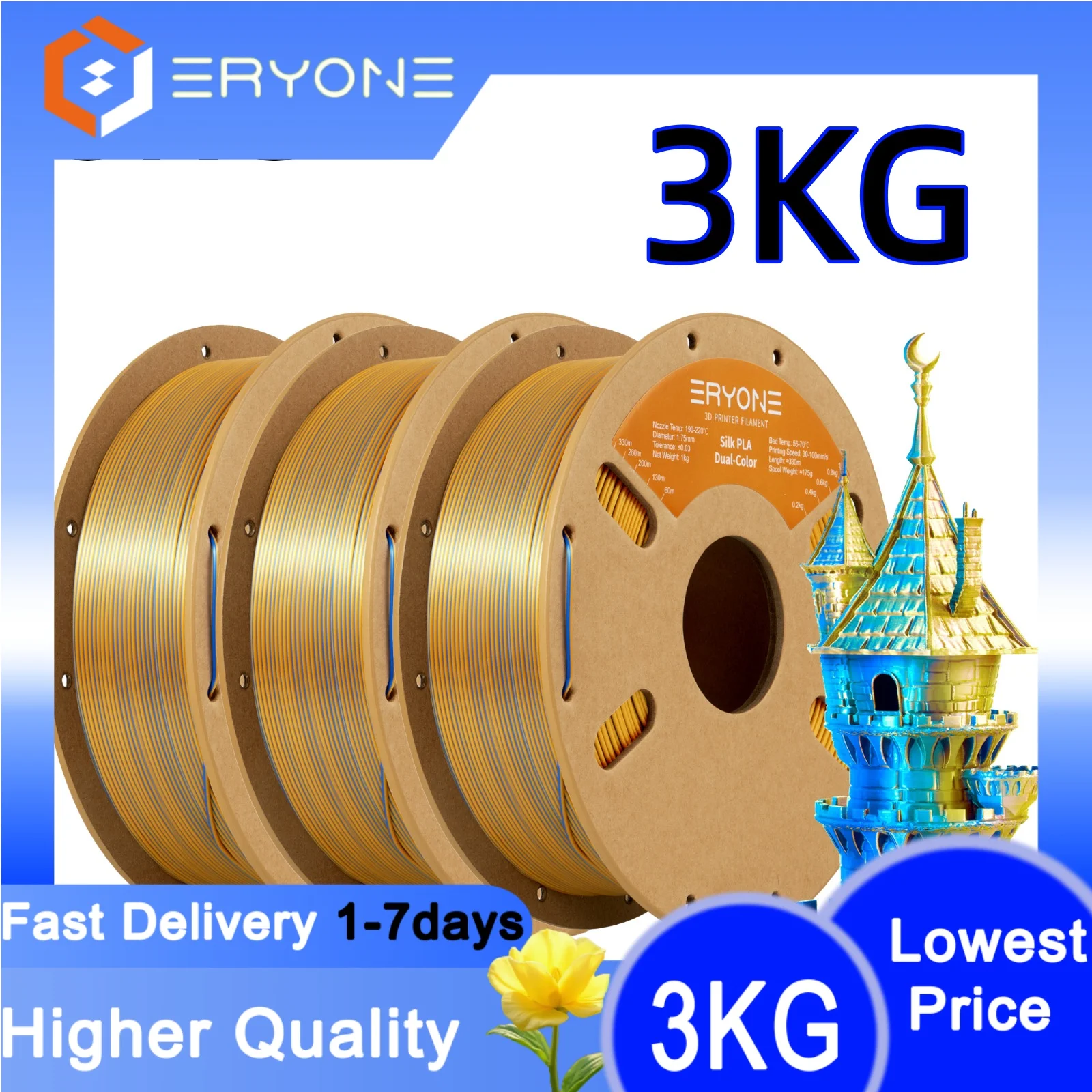 

3KG ERYONE 3KG Silk Dual Color PLA Filament 3D Printer 1.75mm +/- 0.03mm, Bicolor Filament Two Tone PLA Cardboard Spool 3KG
