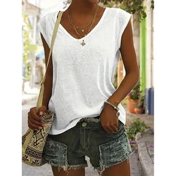 Summer Women Tank Top Solid Color Top Loose Plus Size Short Sleeve Beach Party Tank Top Fashion V-neck T-shirt Women's Clothing