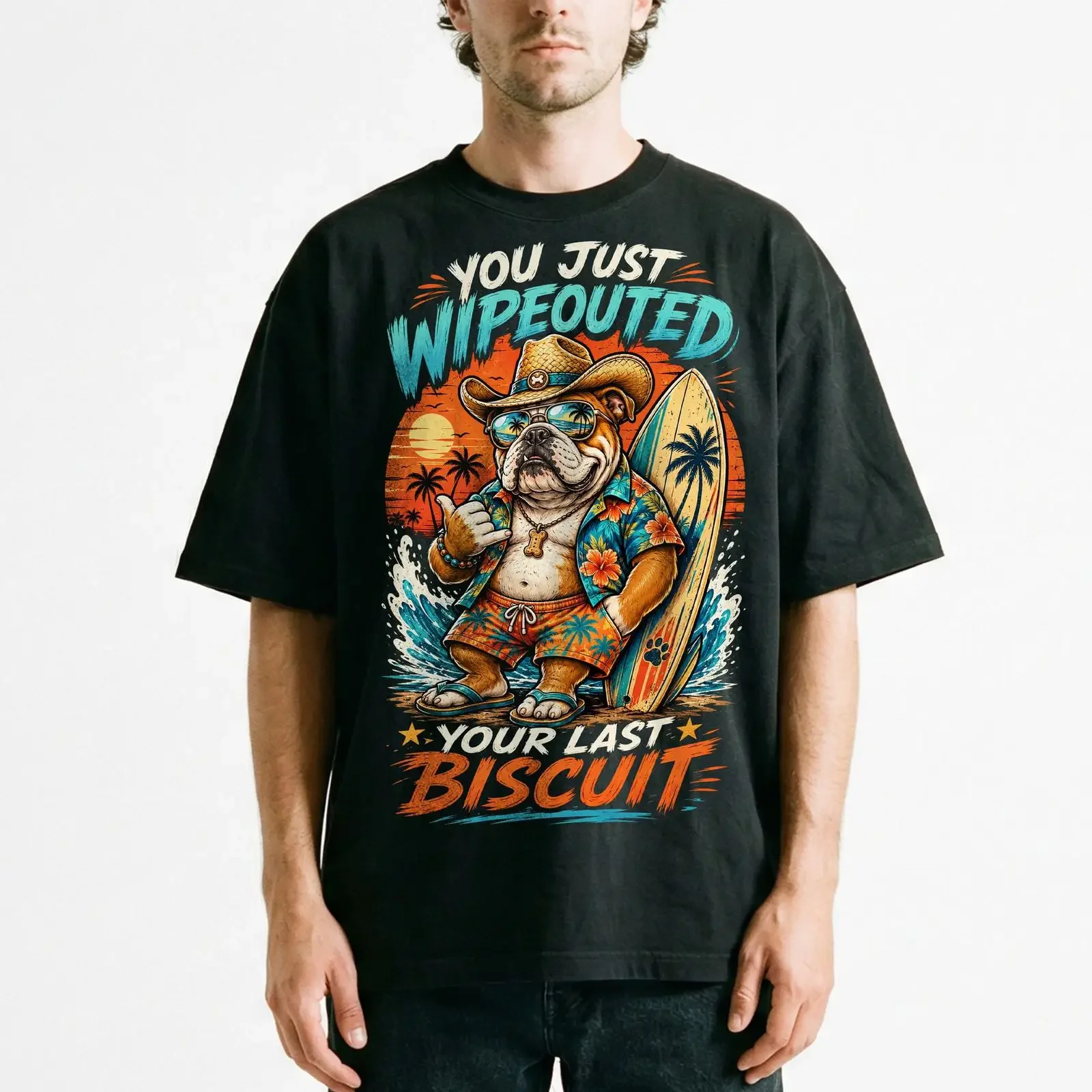 Surf Bulldog Wipeout Last Biscuit T Shirt Funny Beach Cowboy Dog vintage Washed Stylish fashion Top For Everyday Wear Stretched