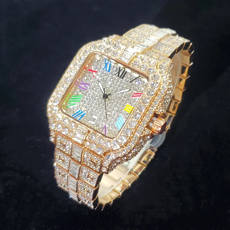 2025 New Luxury Diamond Watch Men Fashion Bling Iced Out Square Quartz Watches Rap Hip Hop Rose Gold Relogio Masculino for Party