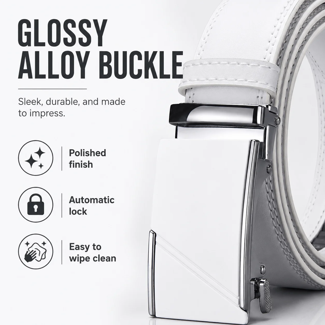 

Men Alloy Automatic Buckle White Casual Belt Durable Premium PU Leather Stylish Waistband For Business Daily Daily Wear Outfit