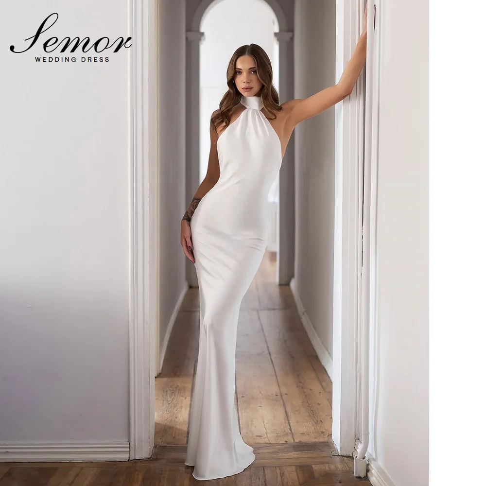 Semor Elegantes Neckholder-Hochzeitskleid, ärmellos, maßgeschneidert, 2026, Satin, Meerjungfrauen-Stil, plissiert, Brautkleid, formelles Anlass- und Partykleid