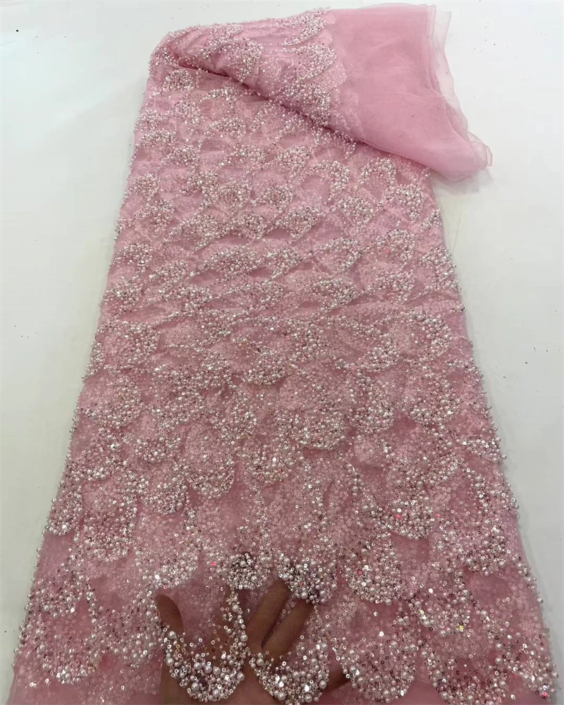 

African Beaded High Quality Nigerian Sequins With Pearl Lace French Tulle Lace Fabric For Party Dress Sewing