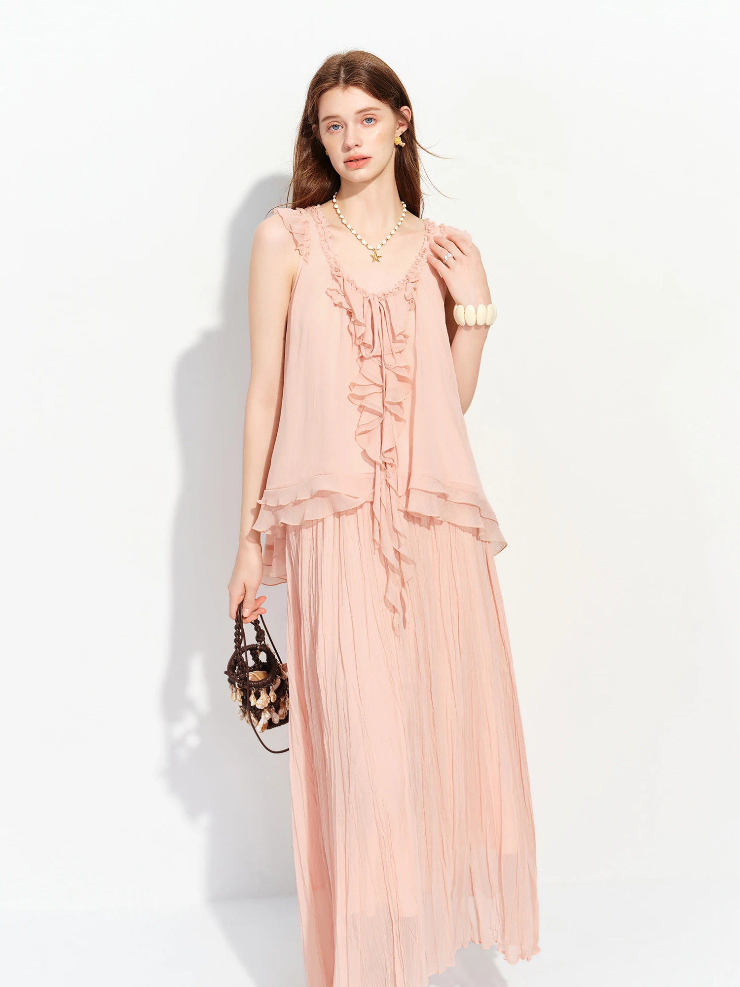 FSLE 2026 Summer Women's French-Inspired Romantic V-Neck Self-Tie Blouse Ruffle Trim & Matching Separate for Daily