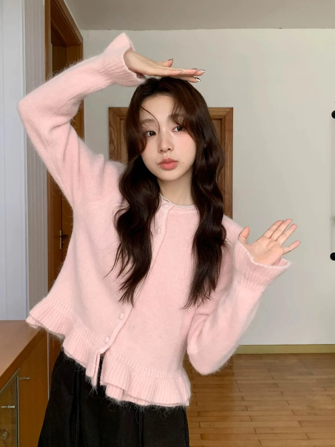 Sweet Style round Neck Ruffle Sleeve Knitted Cardigan Women's Spring Autumn Short Sweater Coat Pink Casual Fashion Regular Fit