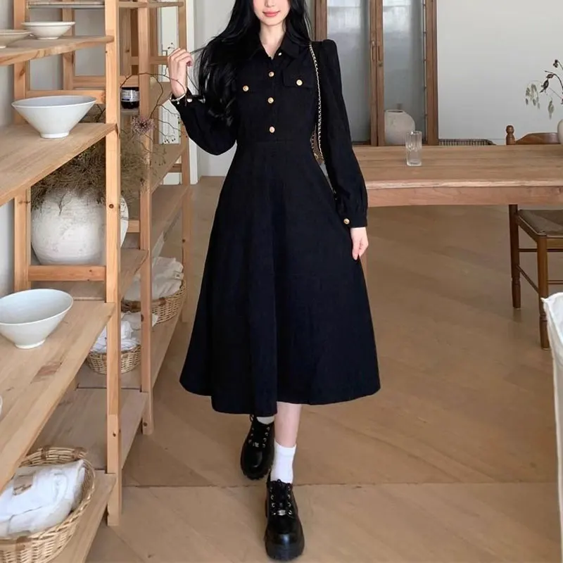 

Aura Turn-down Collar Midi Dress Spring Autumn French Style Stylish Button Female Clothing Elegant A-Line Waist Corduroy Dresses