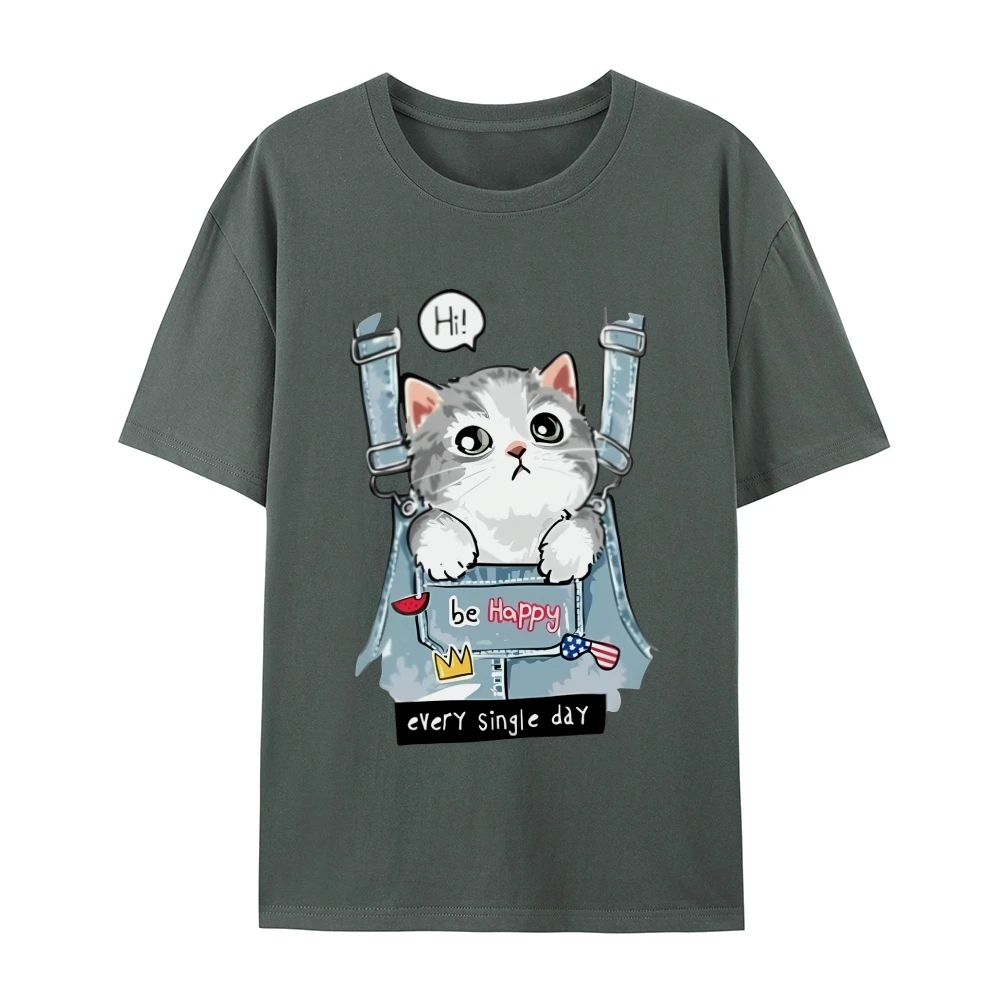

Short - Sleeve T - Shirt, Adorable Cat in Overalls Graphic, Cute & Positive Vibe, Soft Fabric, Ideal for Casual Daily Wear