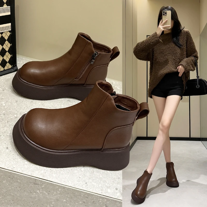 

Женские зимние ботинки из натуральной кожи в стиле ретро, универсальные мотоциклетные ботинки с флисовой подкладкой