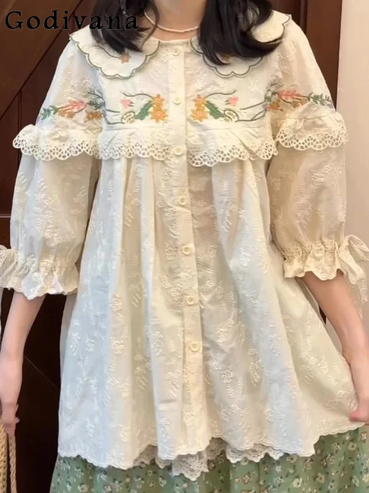 

Нежная вышитая кружевная рубашка с коротким рукавом в японском стиле, весенне-летняя модная абрикосовая свободная блузка с кружевным воротником Питер Пэн, топы в стиле Лолита