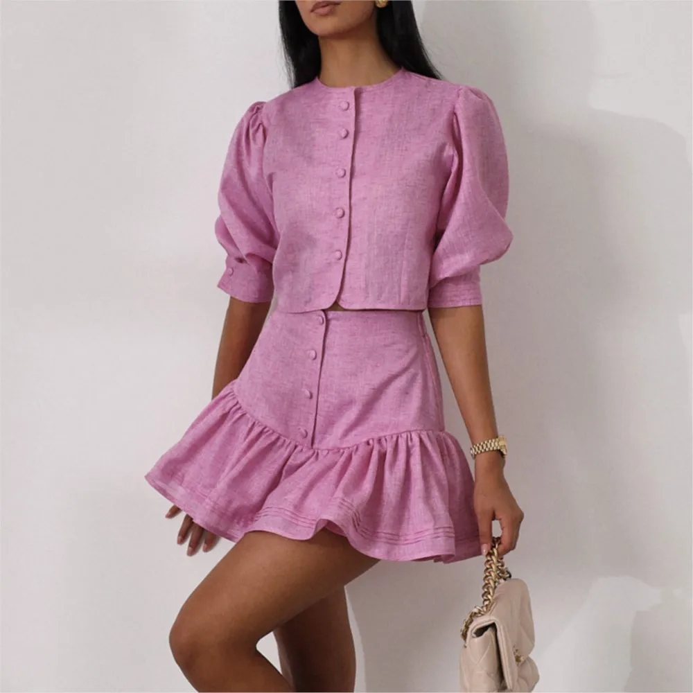 

Summer Casual Fashion Pink Short Skirt Set 2026 New Puff Sleeve Short Top With Elegant A Line Skirt Two Piece Set Female 2026