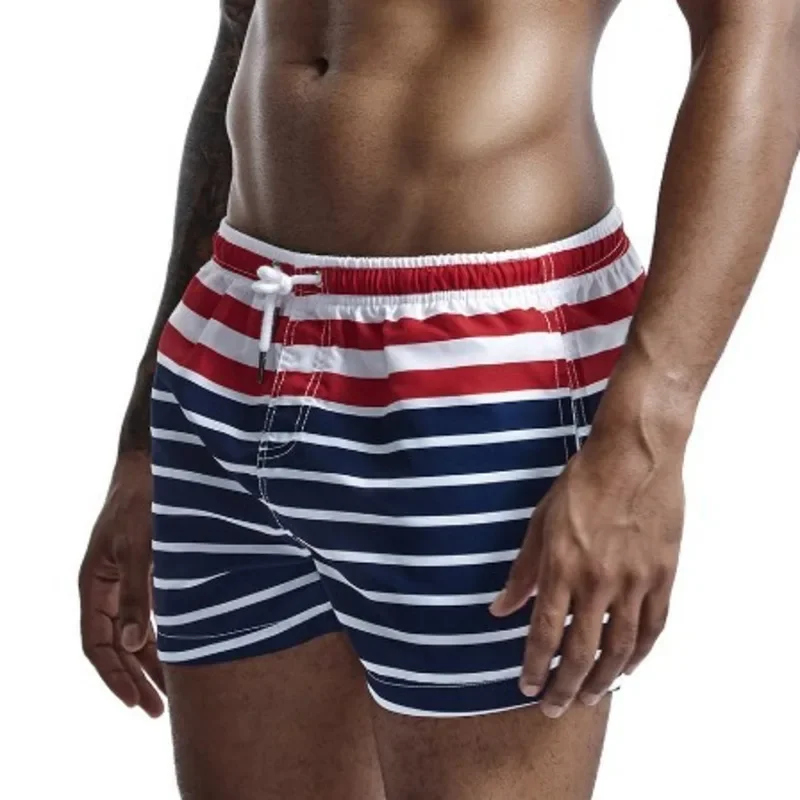 Stripes Beach Shorts Men Swim Short Men\'s Swimwear Swimming Trunk Quick Dry Boardshorts Board Beachwear Holiday Short No Liner