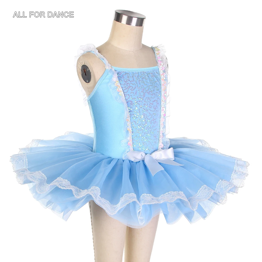 14056 Girls Sky Blue Ballet Tutu Sequin and Spandex Leotard Bodice with Attached Layers of Tulle Tutu Skirt