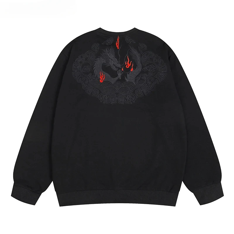 

Black Sweatshirt Pullover Harajuku Japanese Style Clothing Men Streetwear Hip Hop Chinese Dragon Back Embroidery Hoodies