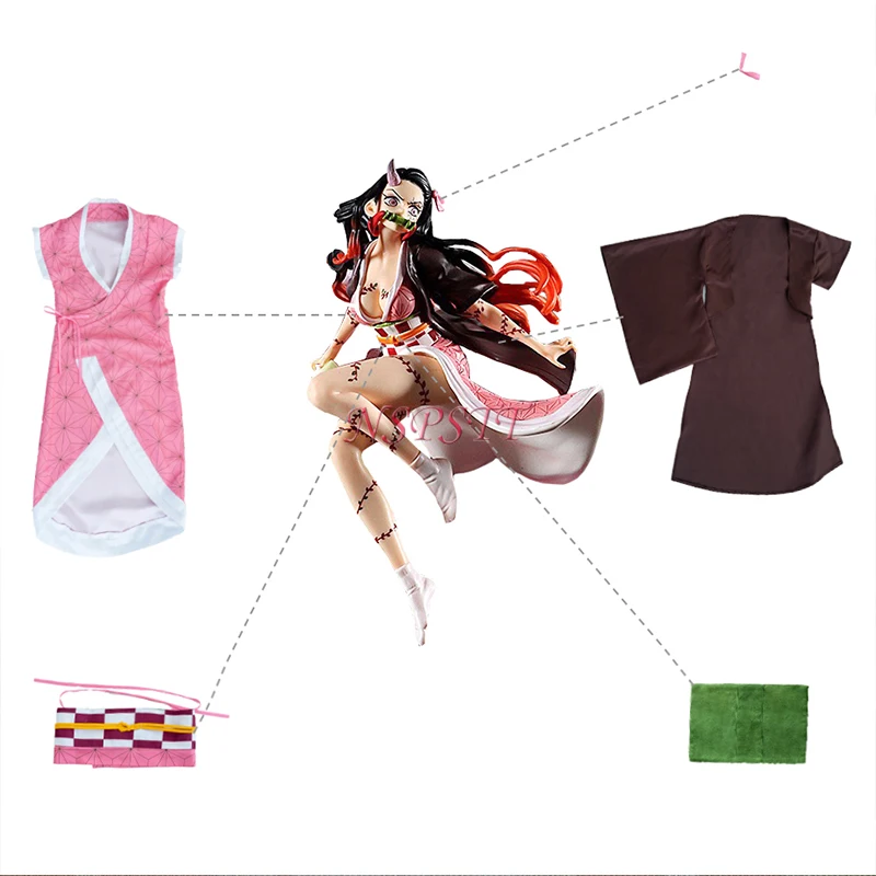 NSPSTT-Disfraz de Cosplay de Kamado Nezuko para mujer, conjunto completo de Kimono, Demon Slayer Kimetsu no Yaiba Kamado Nezuko