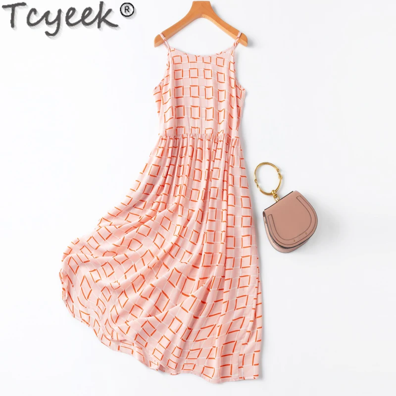 

Tcyeek 100% Mulberry Real Silk Dress Summer Clothes Elegant Dresses for Women Clothing Women's Dress 2024 Sling Sweet Dress Pink