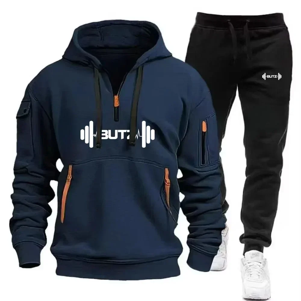 

Men's new 2026 Spring/Autumn casual sports hoodie set, fashionable multi-pocket jogging men's pullover and pants 2-piece set