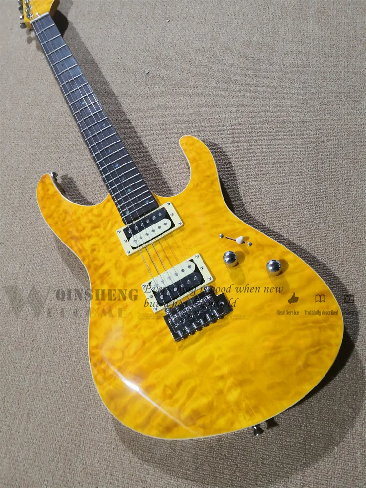 

Custom classic electric guitar, Su guitar,yellow squilt veneer body, rosewood fingerboard color shell inlay, small tremolo bridg