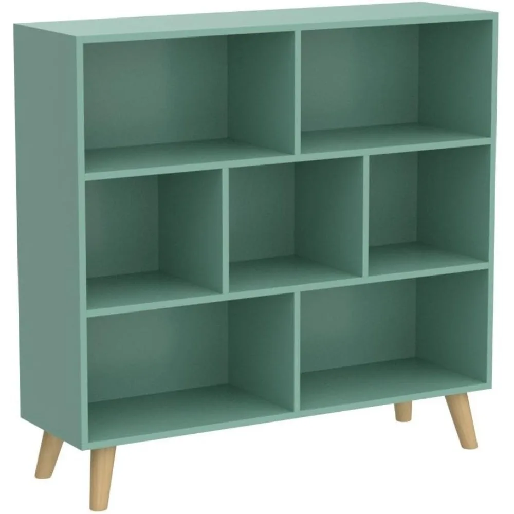 

Wooden Open Shelf Bookcase - 3-Tier Floor Standing Display Cabinet Rack with Legs, 7 Cubes Bookshelf, Tiffany-Green