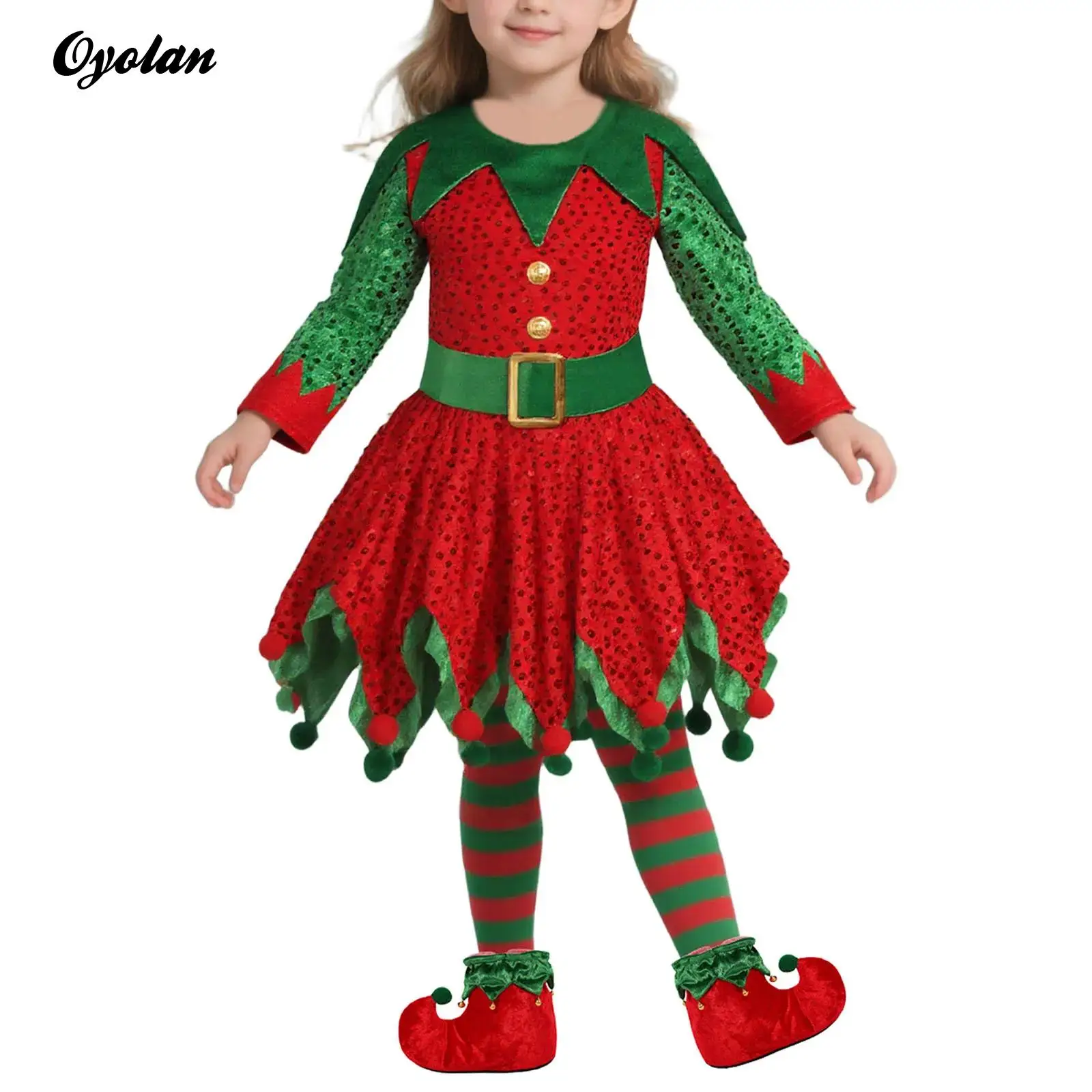 Girls Christmas Xmas New Year Cosplay Costume Santa Claus Elf Ruffled Dress with Waistbelt Hat Stripe Socking And Shoes Set