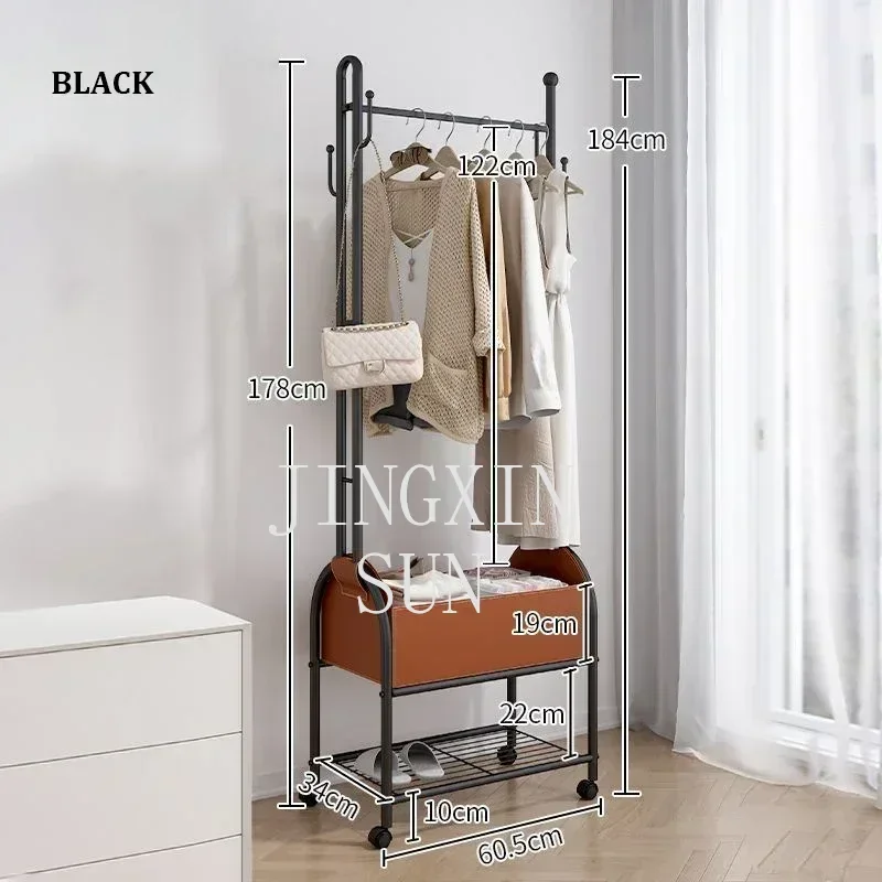 Light Luxury Movable Clothes Rack With Wheels Home Wardrobe Furniture Leather Storage Basket Coat Hanger for Bedroom Dormitory