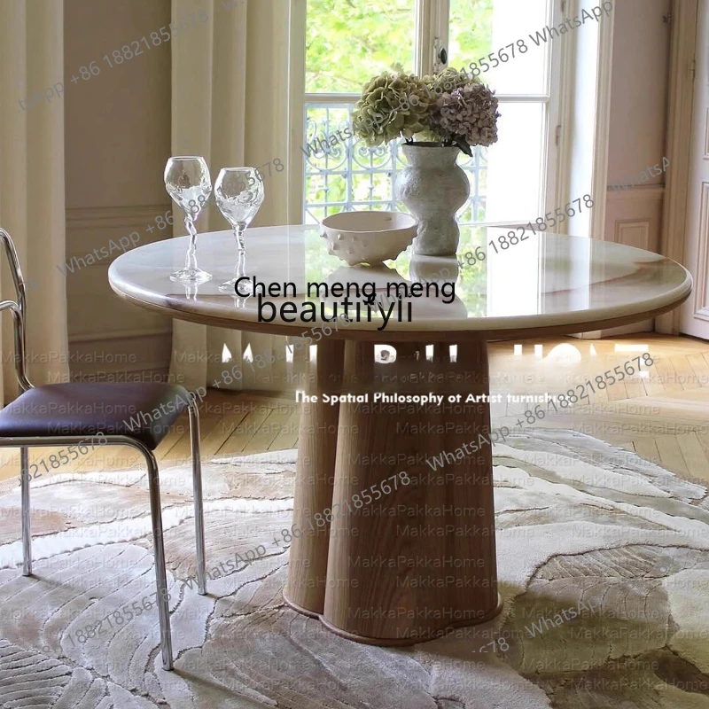 

E153 French Vintage Marble Round Solid Wood Dining Table Home Retro Light Luxury Natural Wood Style Round Table