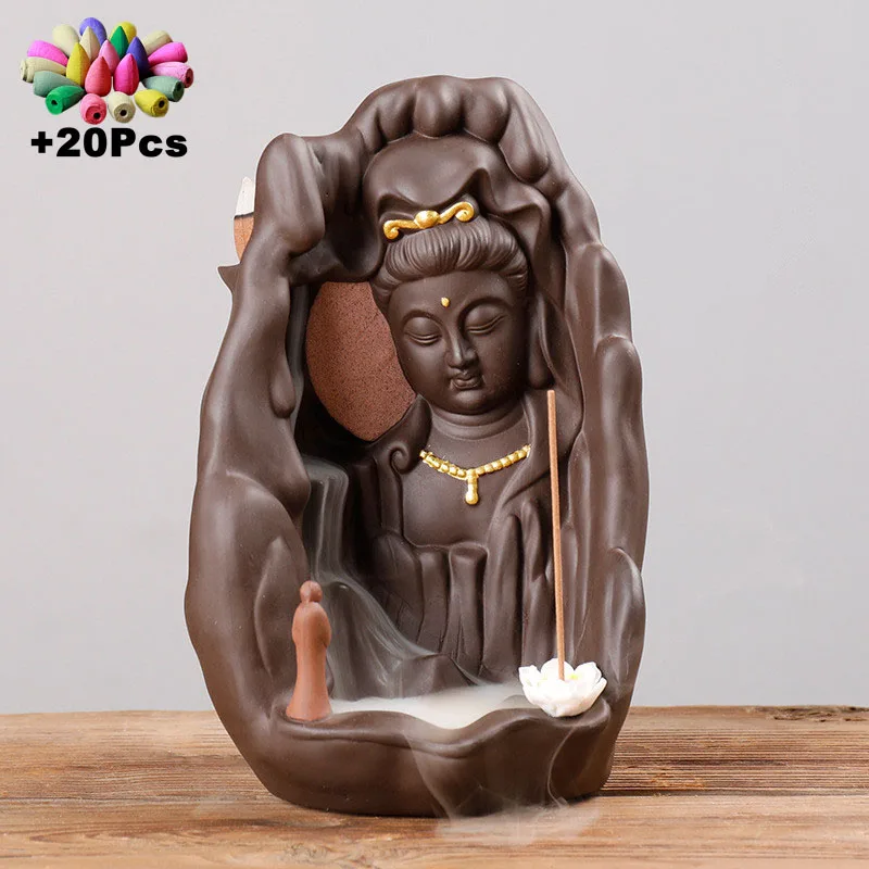 With  Cones Handicraft Lotus Buddha Backflow Incense Burner Incense Stick Holder Bodhidharma Ceramic Censer