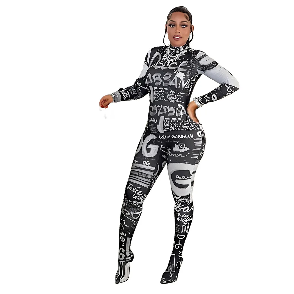 Prowow Fashion Print Women Jumpsuits One-piece Zipper Long Sleeve Bodycons Outfits Turtleneck Female Romper Clothing