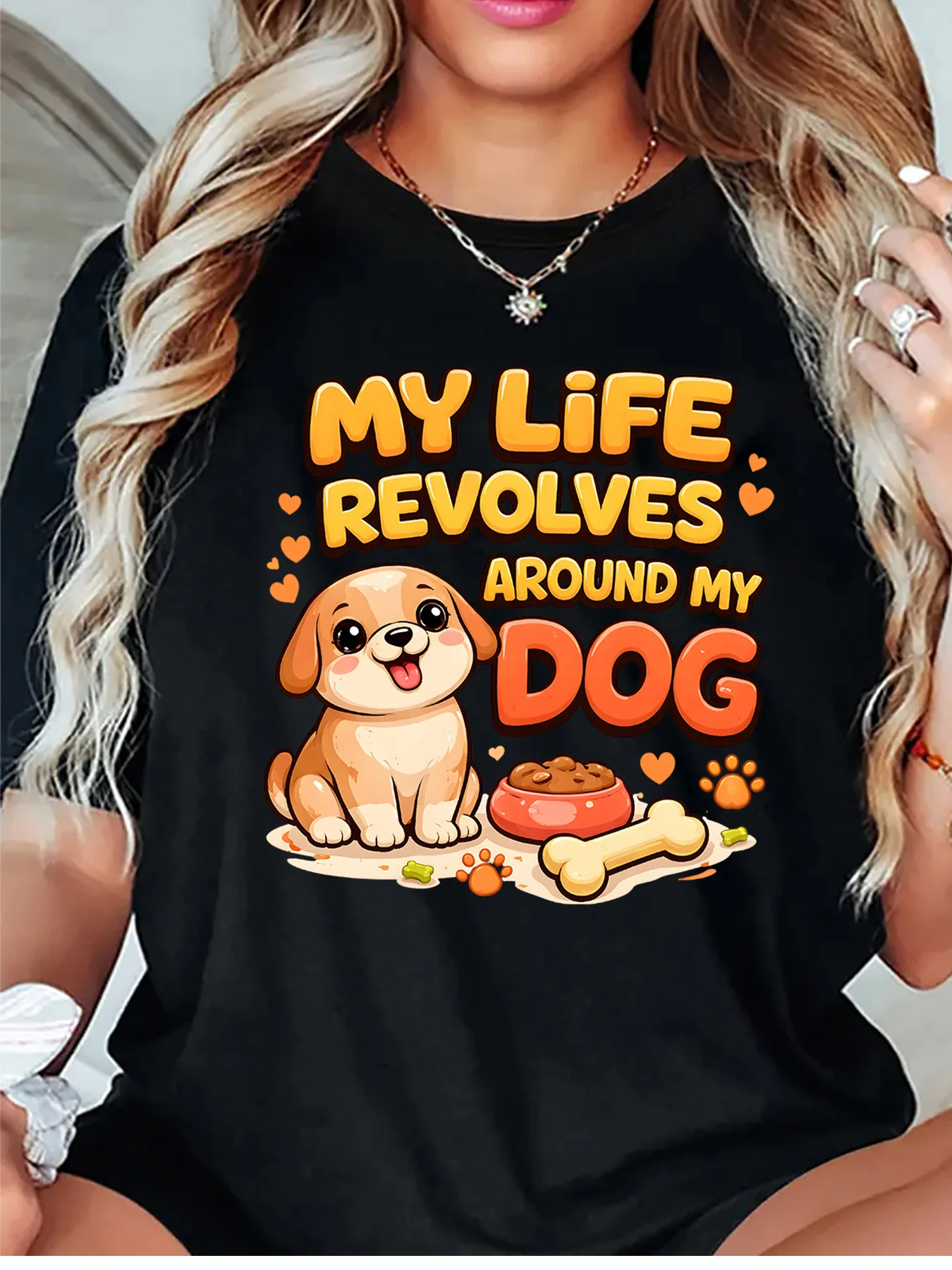 Cute Puppy My Life Revolves Around My Dog Graphic Womens T Shirt Short Sleeve Crew Neck Pet Lover Casual Daily Ladies Tee Tops
