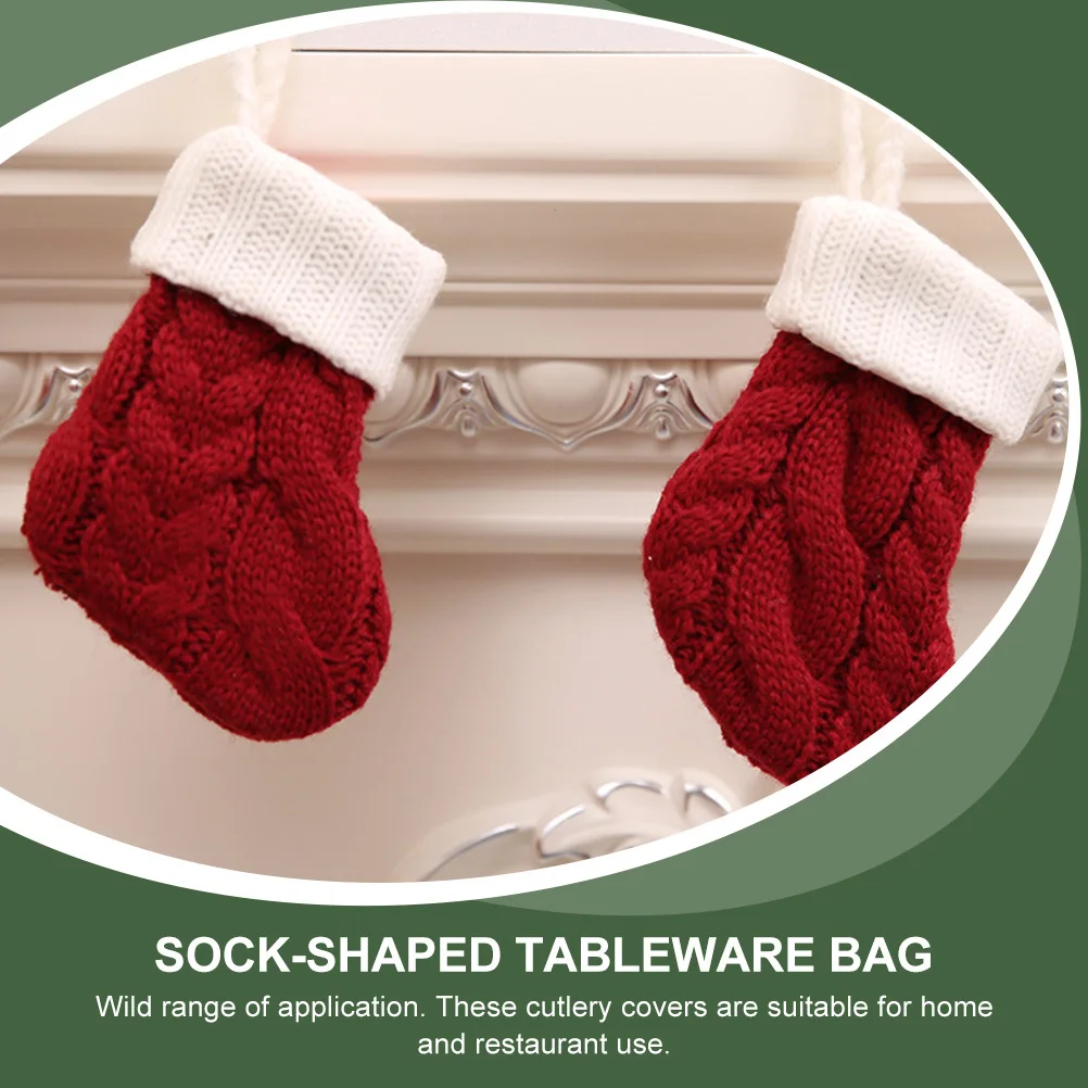 

6Pcs Knit Xmas Sock Cutlery Covers Red Christmas Tableware Holders Party Decor Dining Table Storage Bags Holiday Supplies