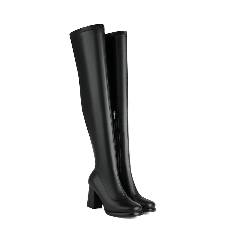 Thigh High Boots Women Fashion Gold Silver Round Toe Zip Winter Fall Block High Heels Over-the-knees Over Knees Stretch Boots