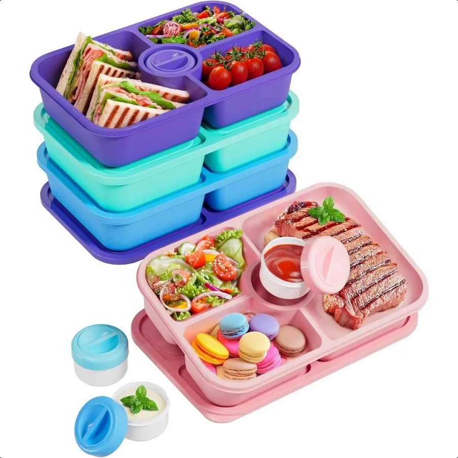 

4 Pcs Bento Snack Box Containers 4 Compartment Divided Stackable Food Storage Containers with Lids Meal Prep Lunch Container wi