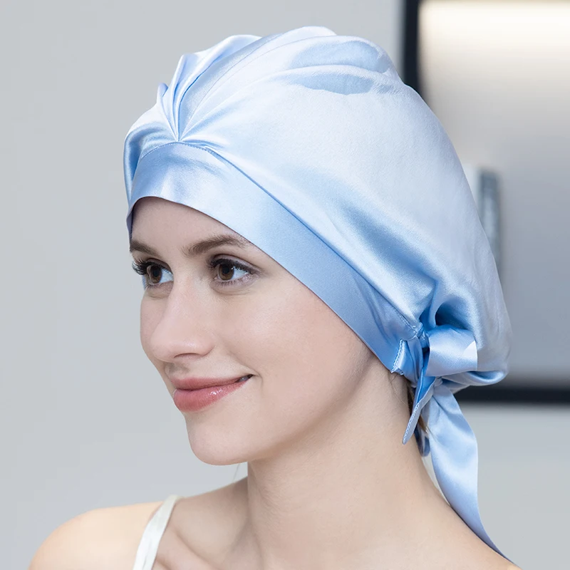 

100% Silk Hat Pure Color Hair Care With Adjustable Ribbons Hat Dry Hair Cap Curl Head Scarf Bath Cap Silk Bonnet Night Sleeping
