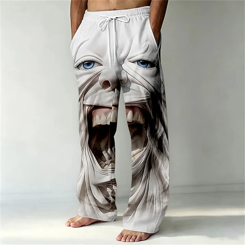 Men's Autumn Casual Trousers Straight-Leg Pants with 3D Funny Grimace Print Drawstring Waist and Street-Style Wide-Leg Fit