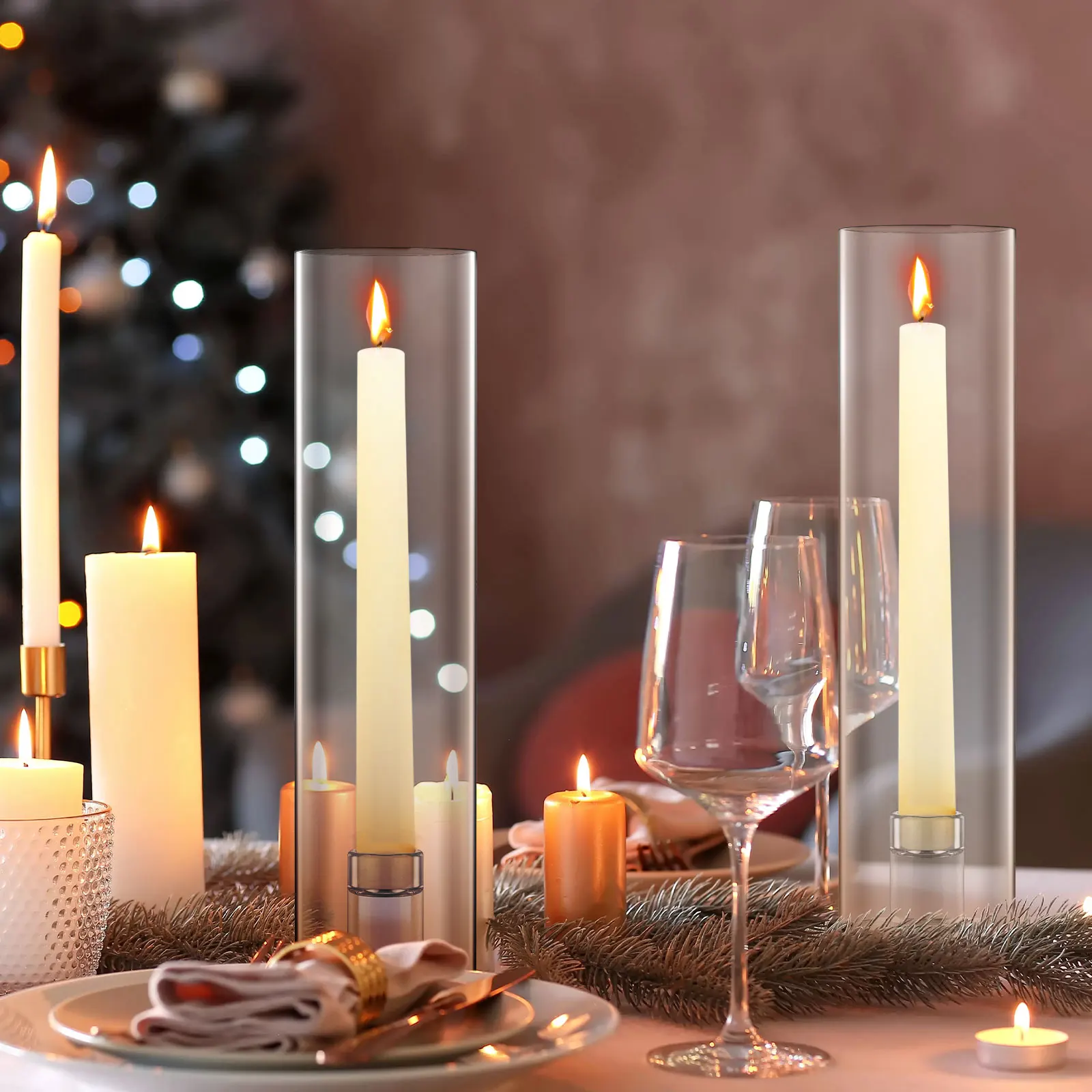 2Pcs Candlestick Holders with Candle Cylinder Cover Clear Glass Candle Holder Windproof Taper Candlestick Stand for Tables Party