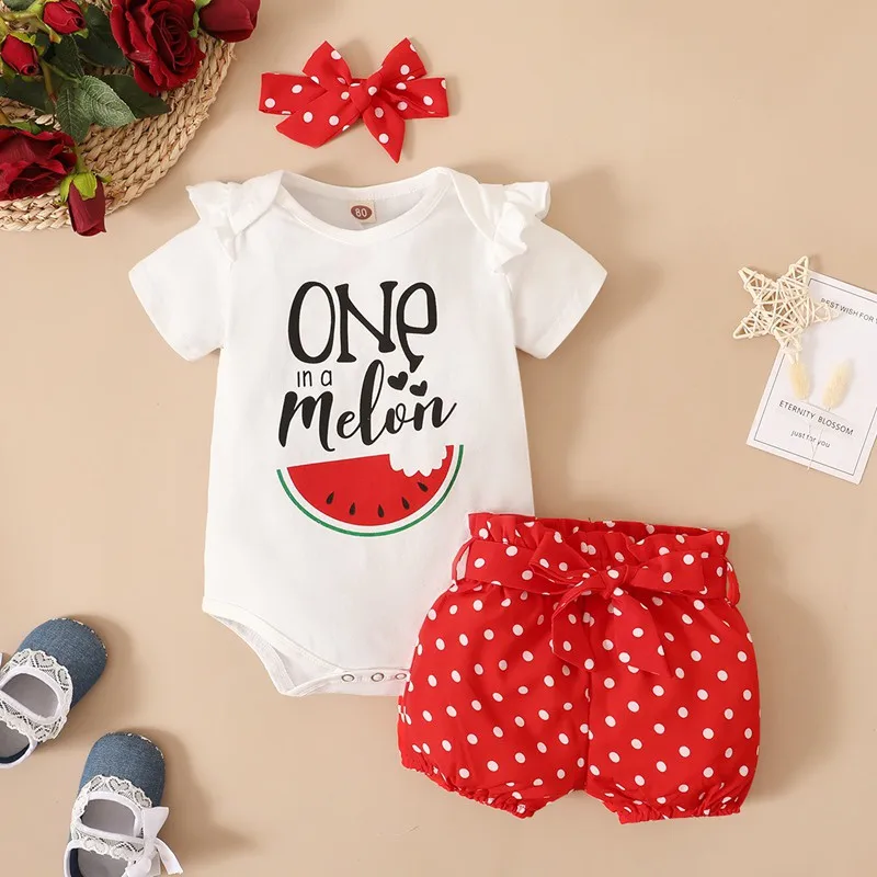 3-24M Newborn Baby Gilr Fashion Clothes Set Ruffle Sleeve Romper+Polka Dots Shorts+Headband 3pcs Toddler Girl Summer Outfits