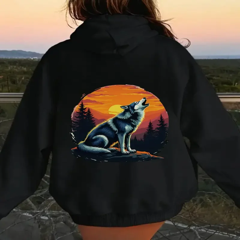 

Повседневная толстовка с принтом волка, мультяшный волк, вывала закат, дизайн, женская повседневная одежда, осенне-зимний сезон, уличная одежда, стильная одежда