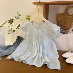 2024 Summer Ruffled Sleeveless Woman Shirt  Elegant Korean Pleated Cotton Blouse Women O Neck Solid Casual Tops Loose Blusas