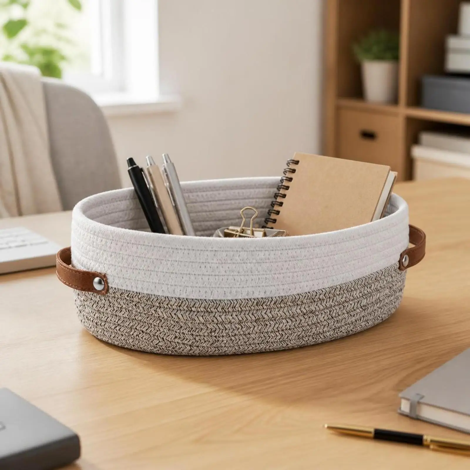 Rustic Cotton Rope Organizer Basket with Sturdy Leather Handles for Entryway and Bathroom Tidy Storage