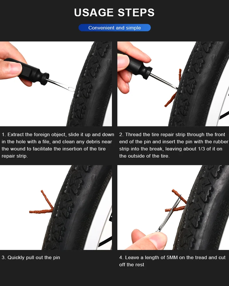 Bicycle Tubeless Tire Repair Tool Portable Urgent Glue Free Repair Cycling Flat Repair Kit With Rubber Strips Bike Repair Tool