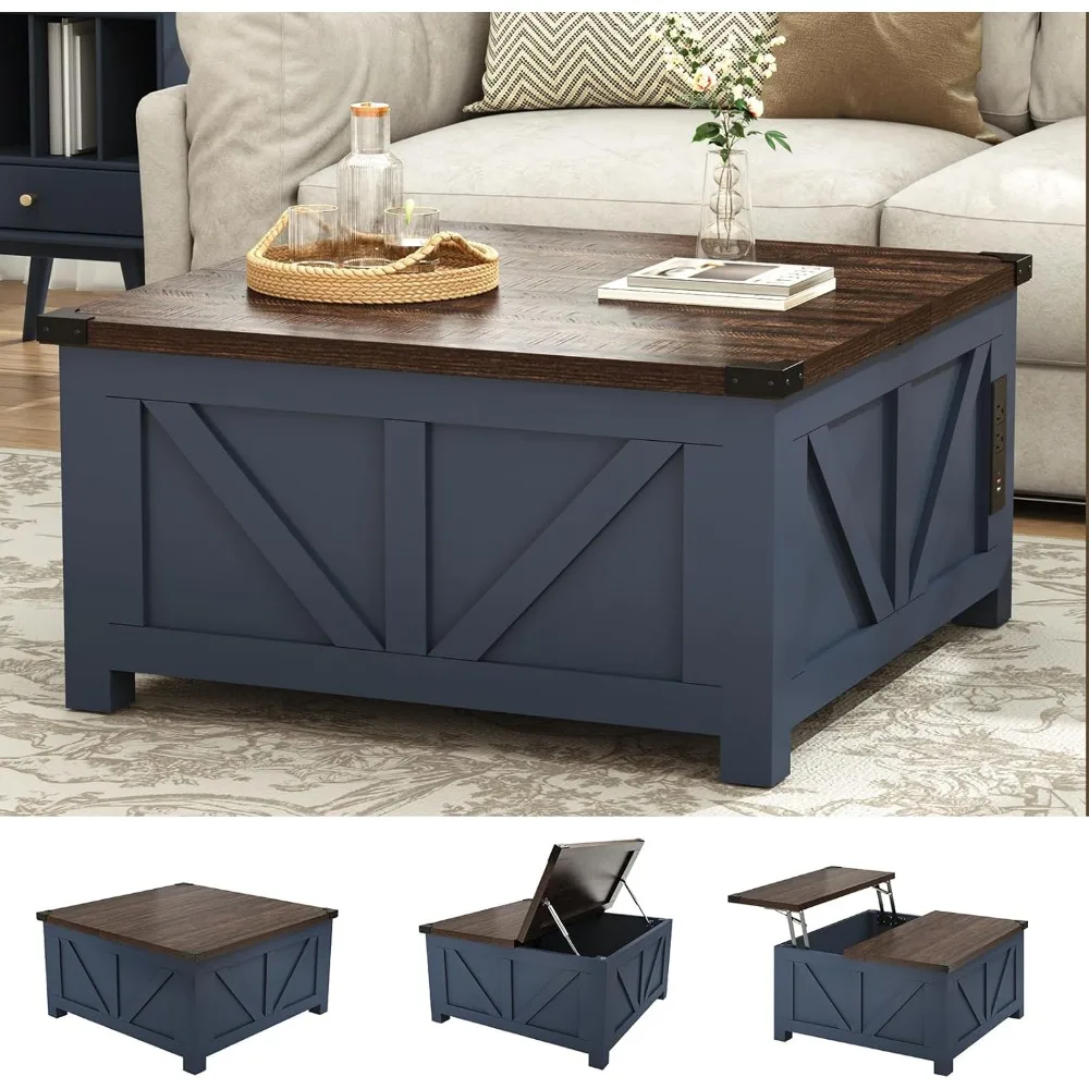 Rustic Storage Coffee Table with Lift Top, Wood Square Living Room Table featuring Charging Station and USB Port