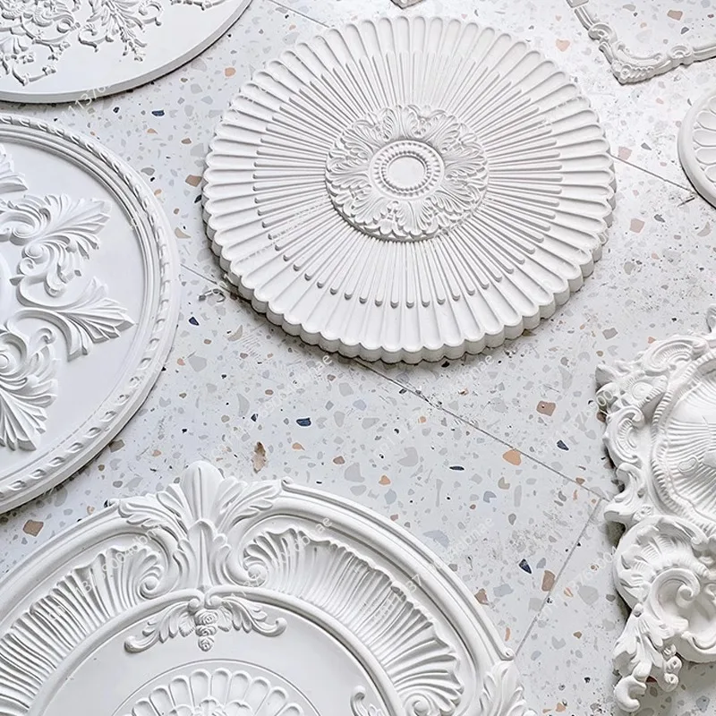 French PU light plate imitation gypsum ceiling shape round ceiling plate ceiling decoration carved lamp holder light luxury crea