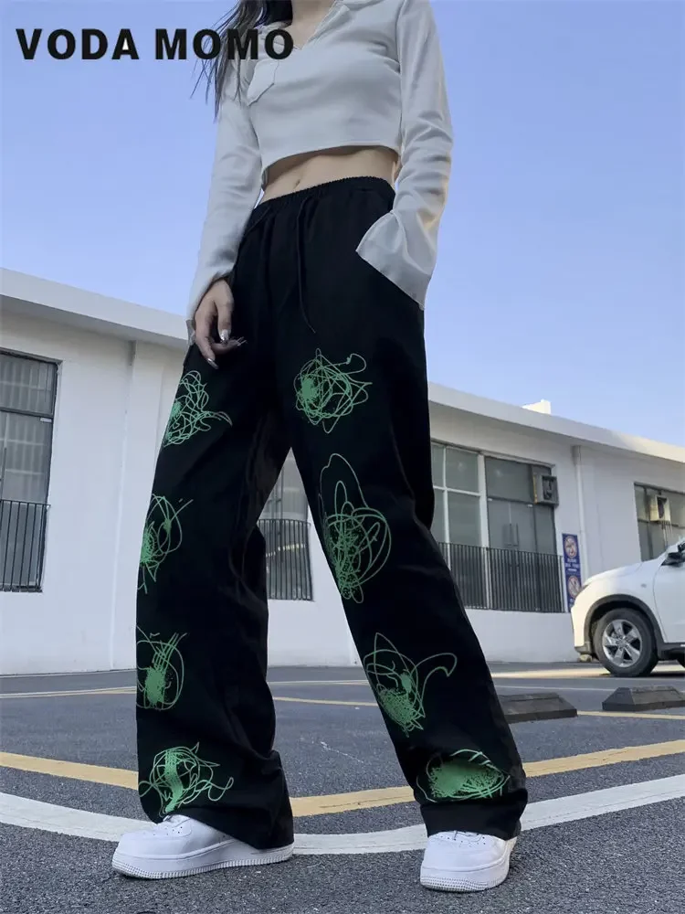 Korean Harajuku Lady Graffiti Printing Draw String Empire Trousers Gothic Long Straight Pant Streetwear Hip-hop Sense of Design