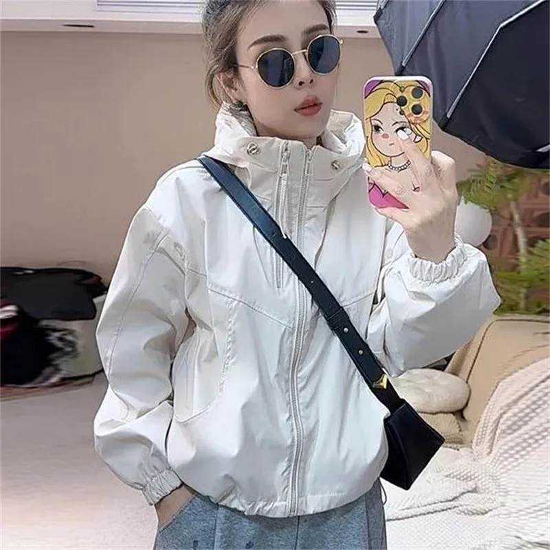 2025 Mujer Color sólido prendas de vestir con capucha primavera otoño mujeres doble cremallera abrigo corto Retro señoras manga larga chaqueta Stormtrooper