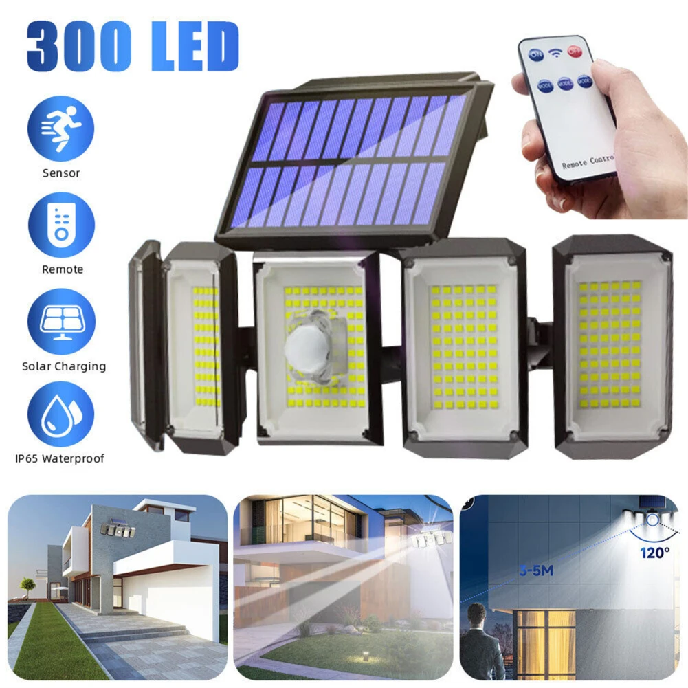 

Outdoor Solar Lights 5 Adjustable Heads 300 LED Motion Sensor Lights Cordless Wide Lighting Coverage Spotlight IP65 Waterproof