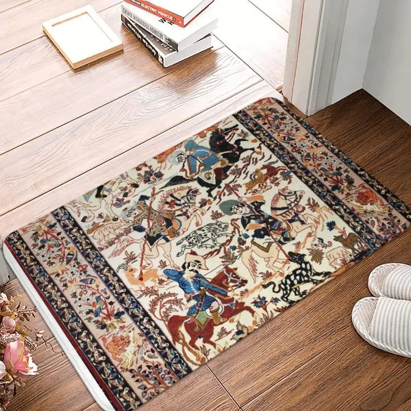 Blue Antique Persian Isfahan Silk Rug With Animals Front Floor Door Entrance Mat Tribal Ethnic Floral Bath  Doormat Carpet Rug