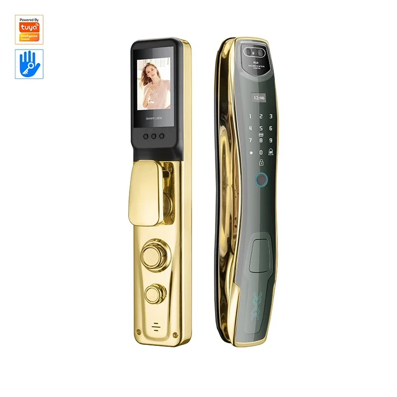 004 Full Automatic 3D Face Golden Tuya App Smart Life Remote Unlock Automatic Biometric Lock With Camera Smart Door Lock