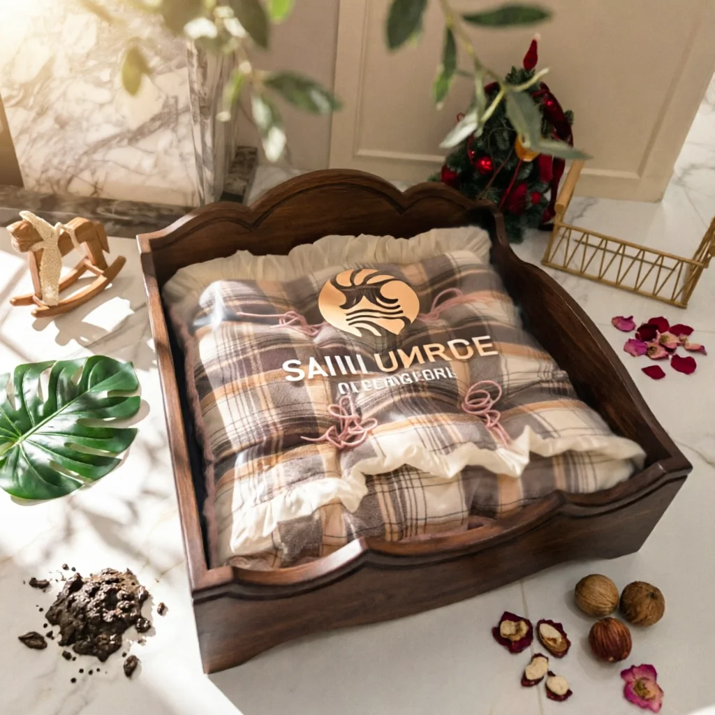 Cama impermeable de madera maciza para gatos y perros con cojín