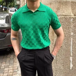 남성용 럭셔리 격자 무늬 패치워크 아이스 파편 폴로 셔츠, 여름 캐주얼 통기성 얇은 상의, 남성 니트웨어 패션 폴로 티, w805