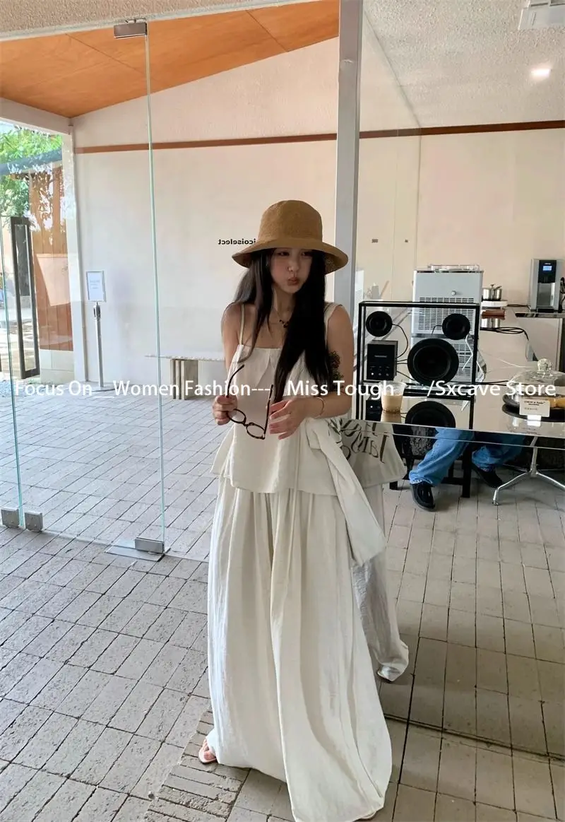 Beach Style Solid 2 Piece Set Women Elegant Casual Loose Thin Sleeveless Vest and Wide Leg Pants Casual Pants Suits Office Lady