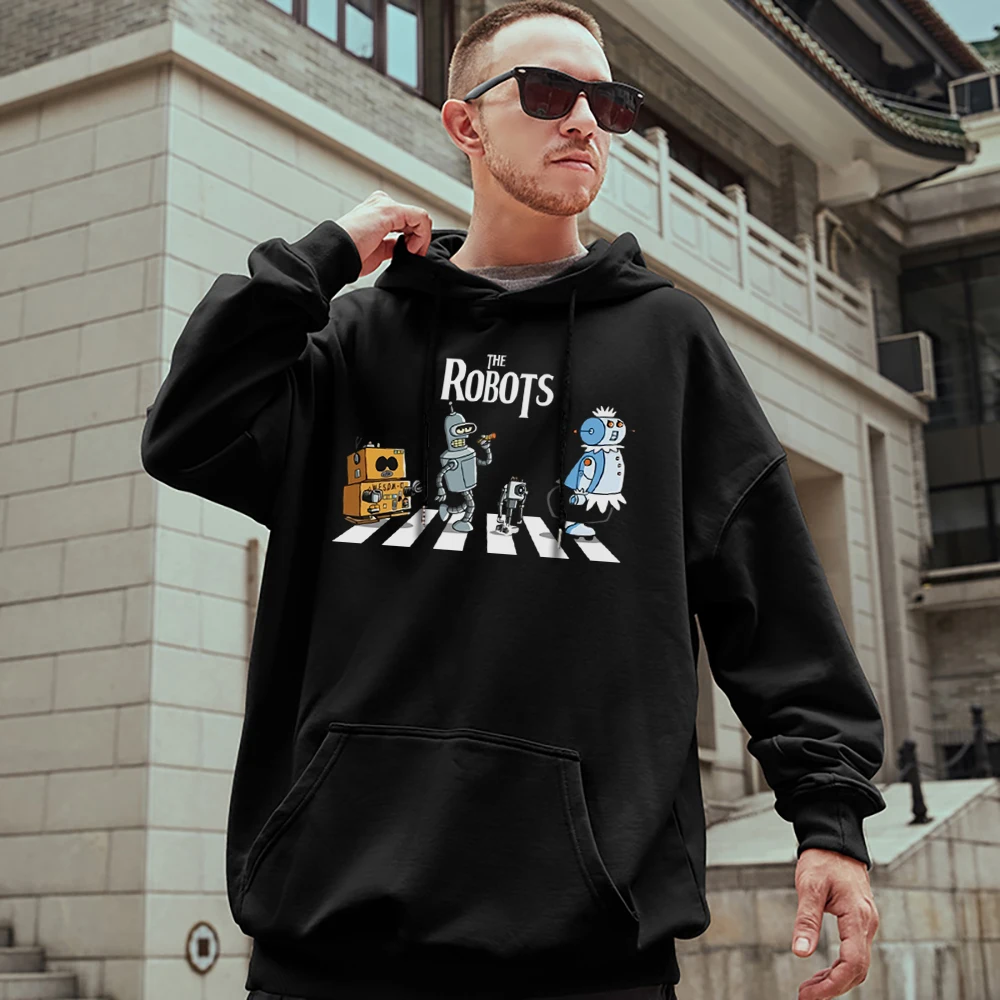 

The Robots Crossing The Zebra Crossing Men Cotton Clothes Creativity Casual Pocket Pullovers Fashion Oversize Tops Mans Hoodies